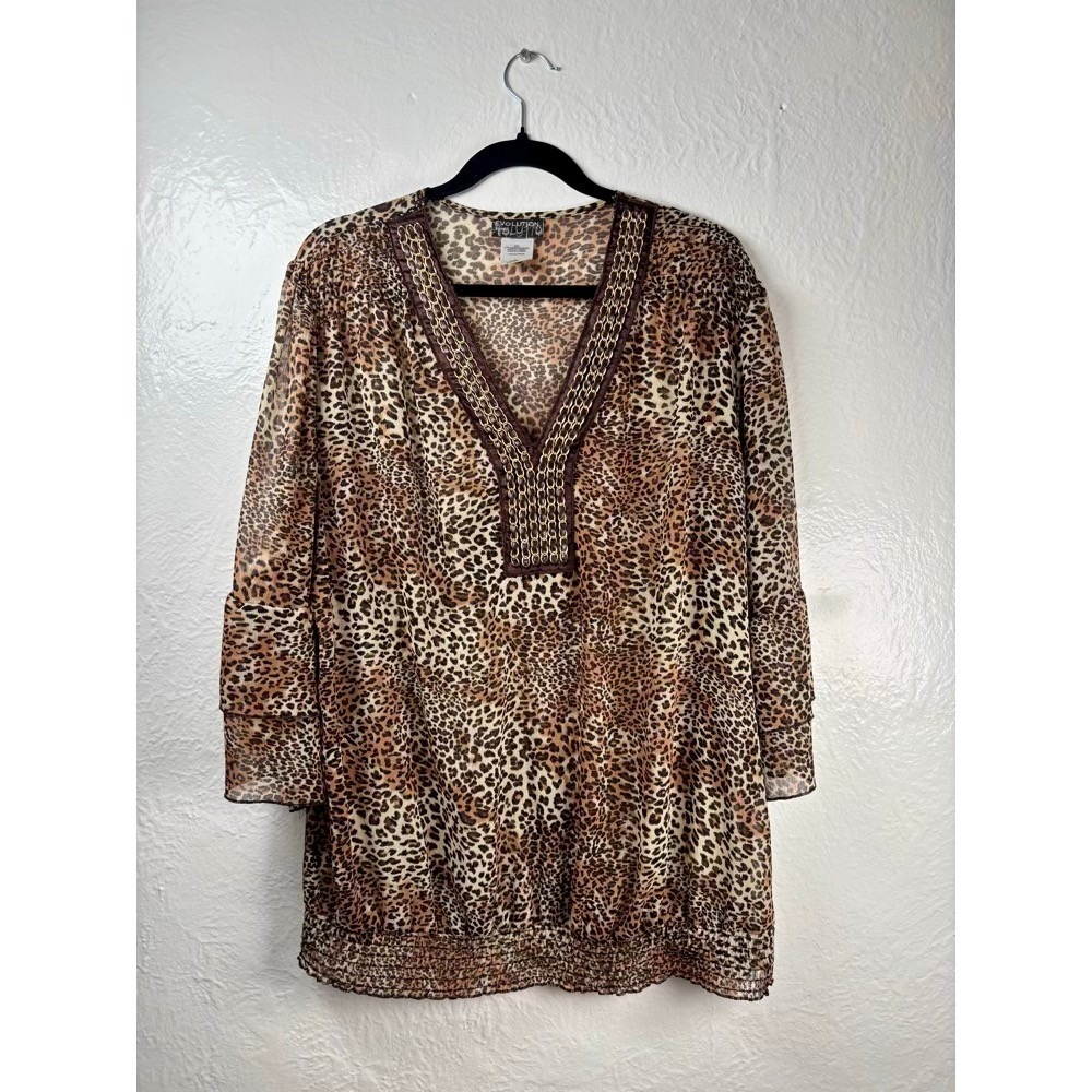 Leopard Print Blouse 2X Brown Sheer Chains Ruffle Sleeve Mob Wife Animal Print